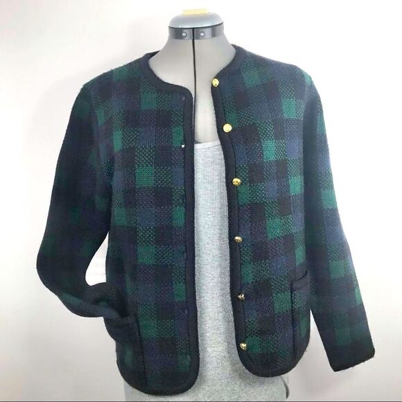 Crystal-Kobe early 2000’s Navy and Green Plaid Soft Knit Blazer Jacket - Picture 1 of 12